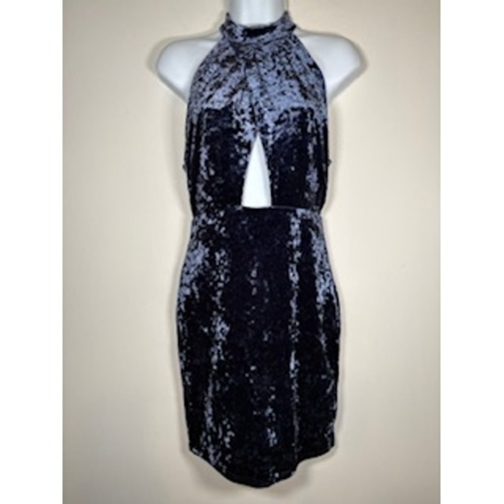 LUSH Crushed Velvet Mini Dress Small Blue Cutout Halter Mock Neck Bodycon Glam‎